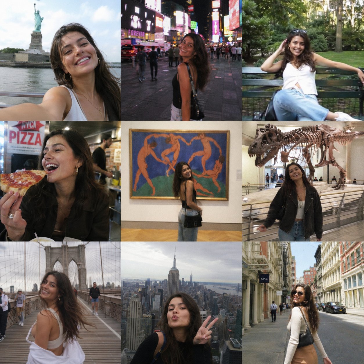 AI prompt example image: NYC vlogger 3x3 phone-photo grid in Portrait & People