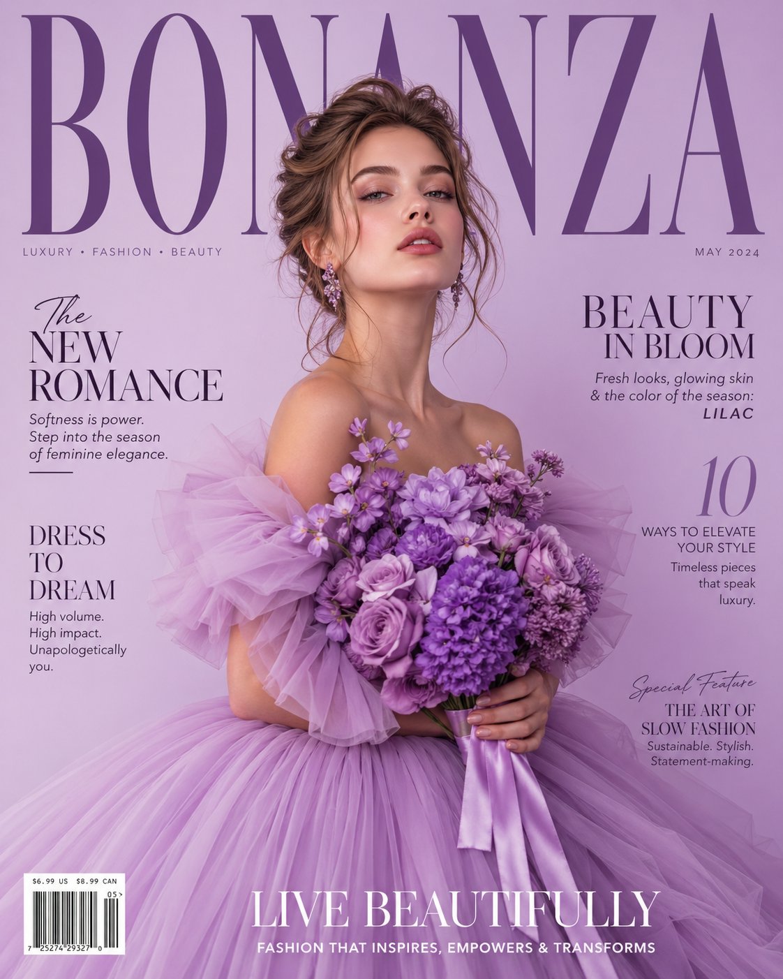 AI prompt example image: Lavender tulle couture cover in Portrait & People