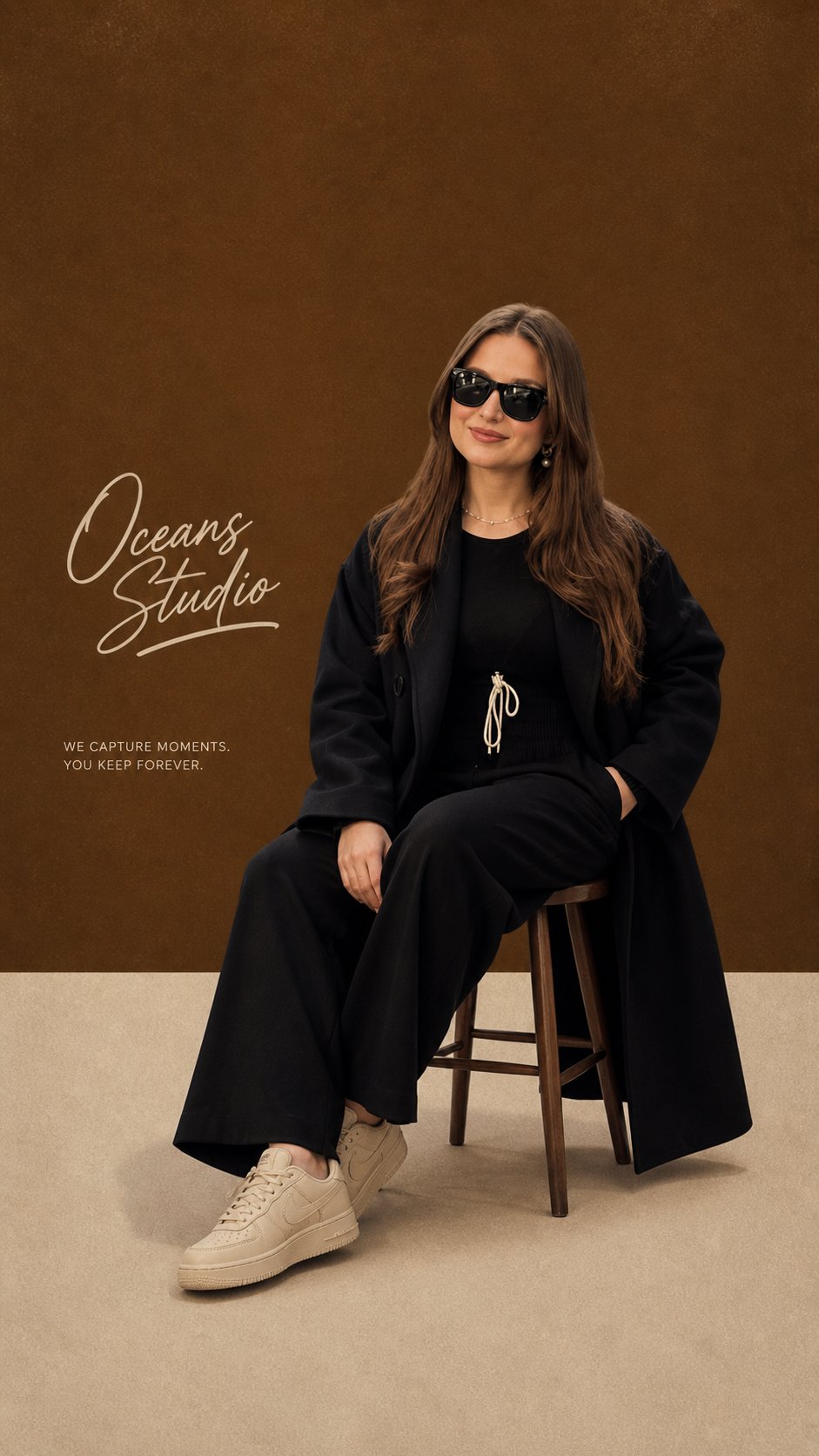 AI prompt example image: Retro split-wall stool editorial in Portrait & People